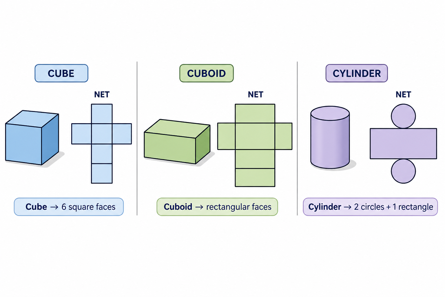3D shapes and their nets including a cube net, cuboid net and cylinder net