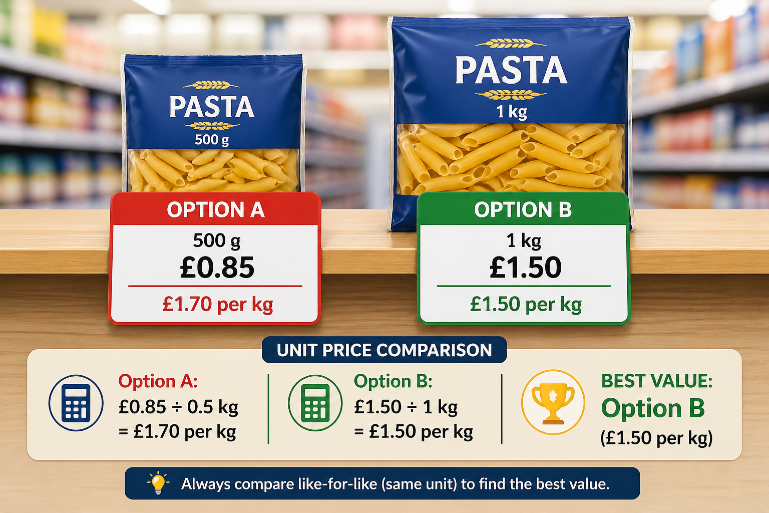 Comparison of two supermarket price labels showing different pack sizes and unit prices